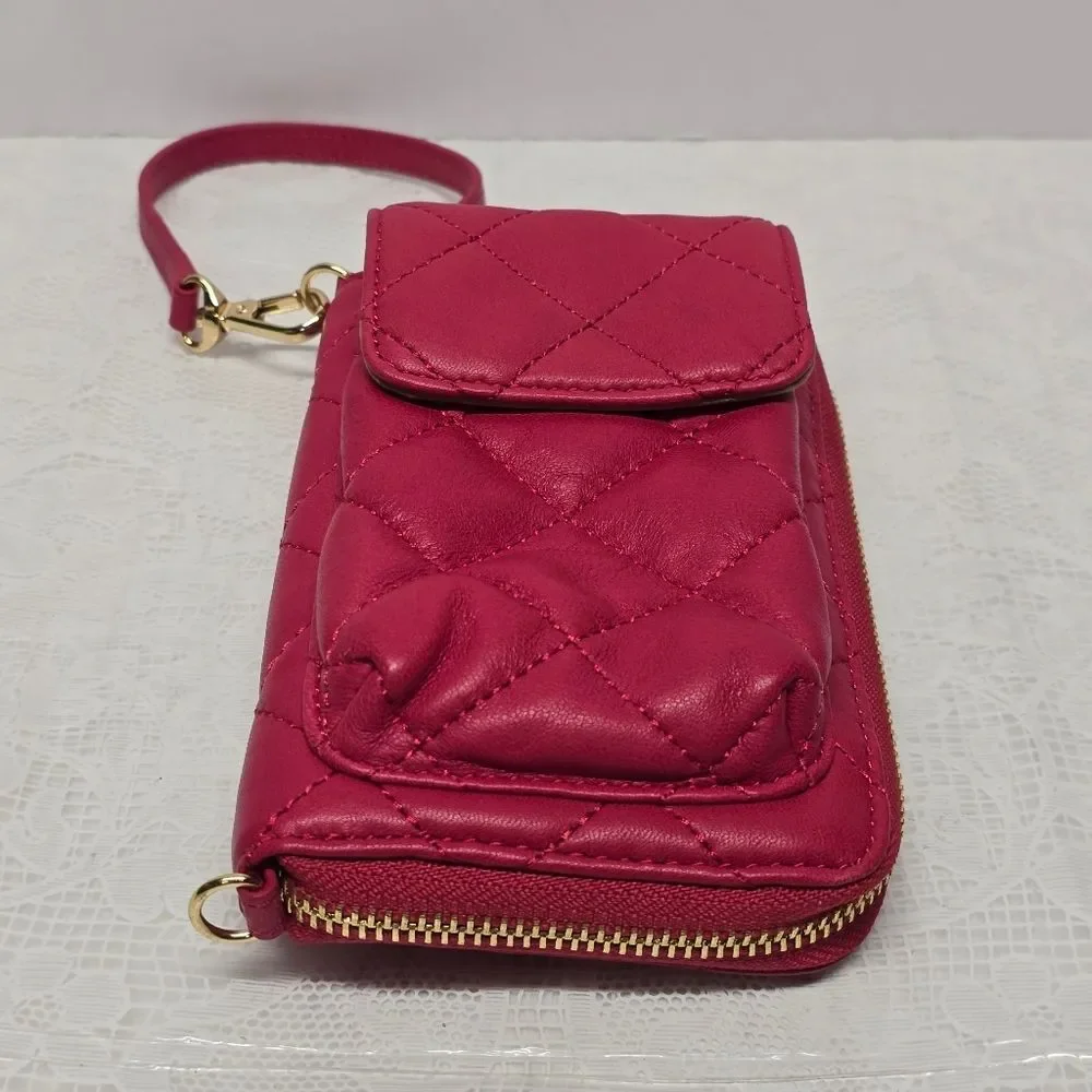 DKNY Hot Pink Fuchsia Quilted Genuine Leather Wallet Wristlet Cell Phone Case